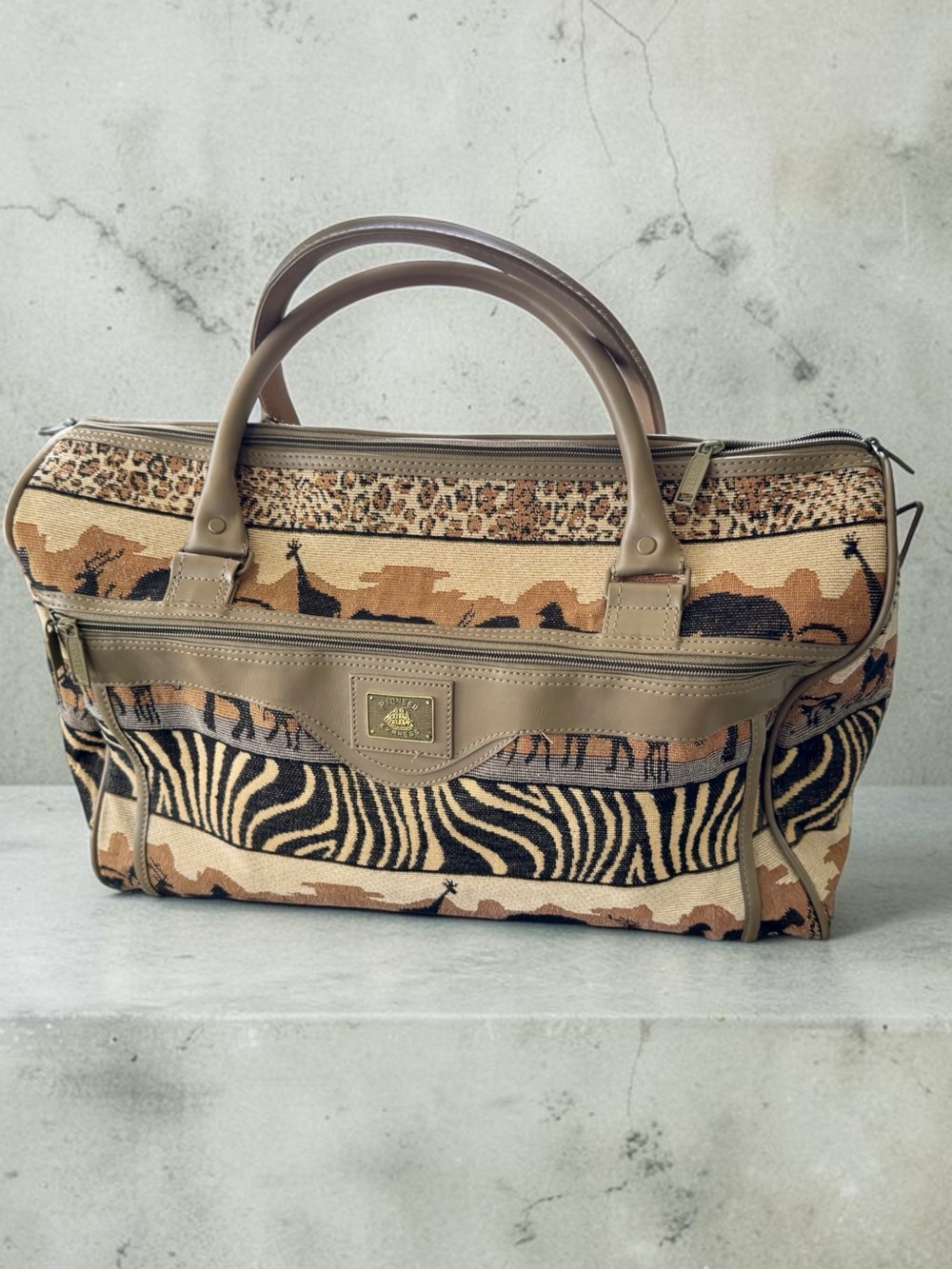 Vtg Pioneer Express Safari Tapestry Weekender Duffel Tribal Bag Carry On 90s